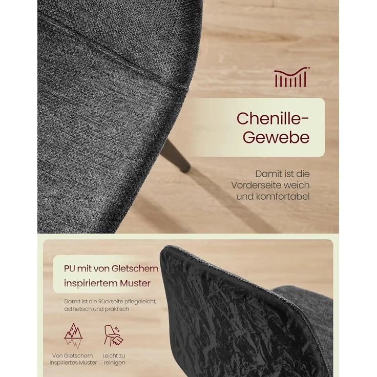 VASAGLE Esszimmerstuhl 4er Set, Küchenstuhl, Polsterstuhl, Metallbeine, verstellbare Füße, pflegeleicht, Chenille-Gewebe, PU mit von Gletschern inspiriertem Muster,von SONGMICS, schiefergrau KDCDE188G01 – Bild 4
