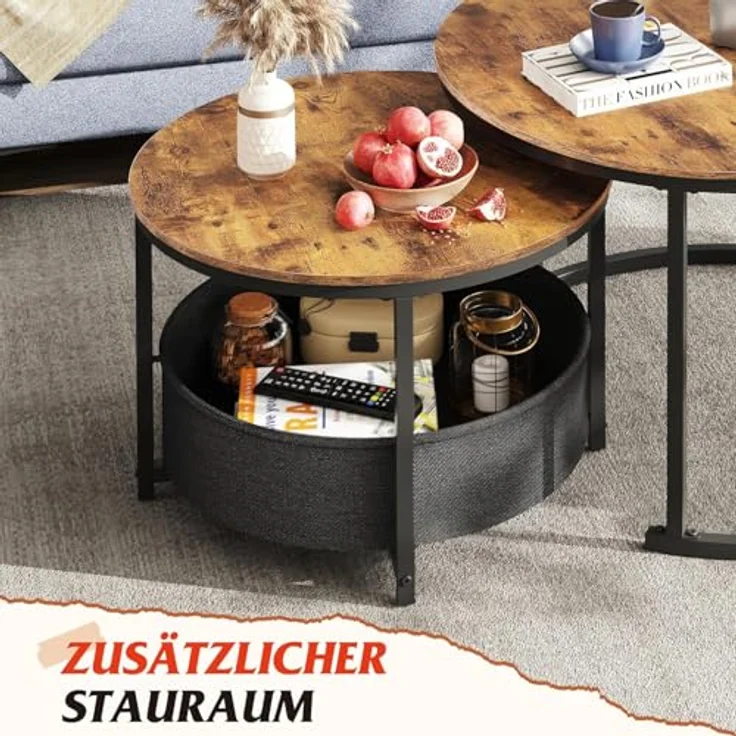 WLIVE Couchtisch 2er Set, Beistelltisch Rund mit Stauraum, Wohnzimmertisch mit Korb aus Stoff，Metallgestell, Kaffeetisch für Wohnzimmer (Rustikales Braun) – Bild 7