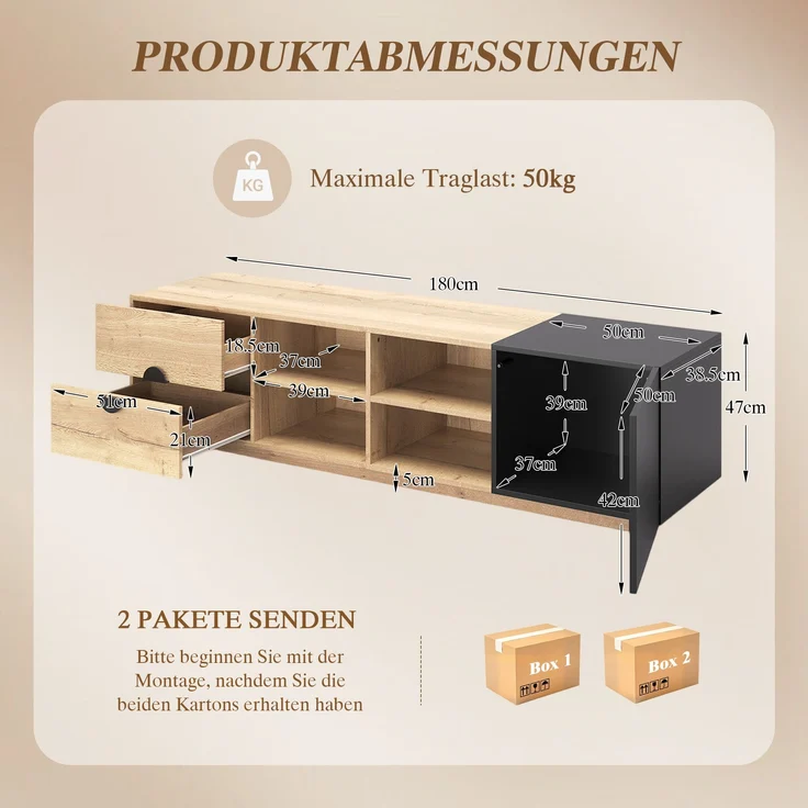 Fernsehtisch, Holzwerkstoff mit LED & Schublade, 180x38,5x47 cm, Schwarz/Natur – Bild 10
