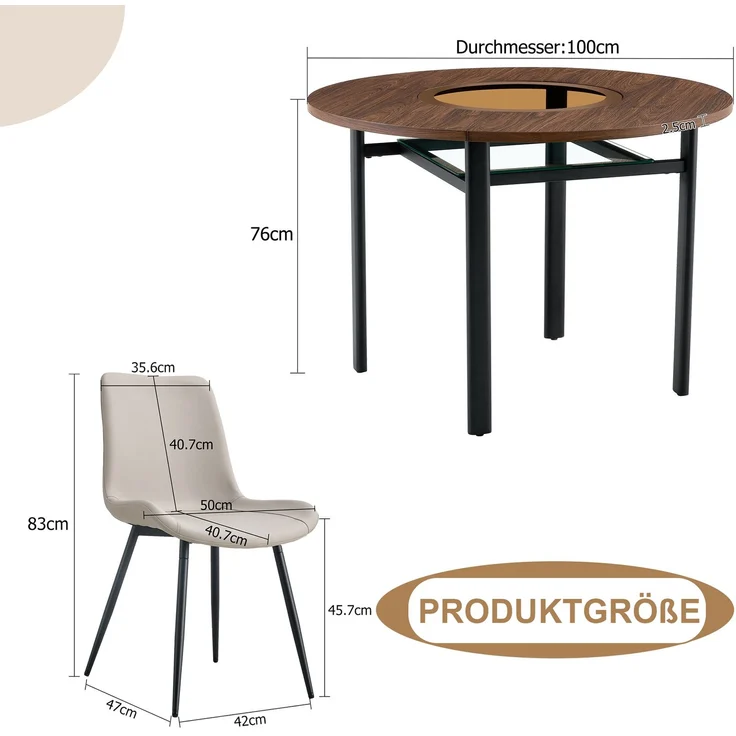 Esstisch-Set 76x100x100 cm in Braun/Schwarz mit Glasintarsie und 4 PU-Sesseln in Warmgrau – Bild 5