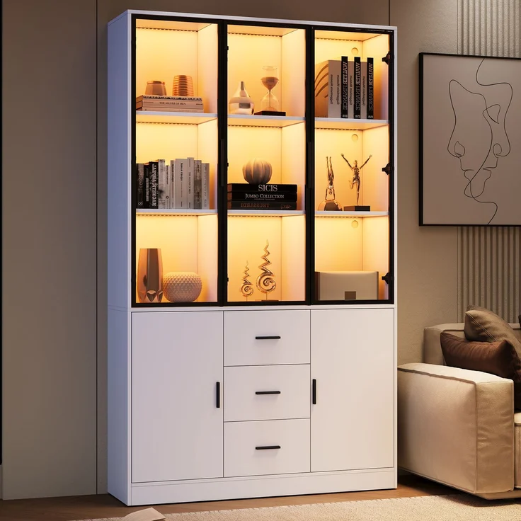 Vitrine mit Glasschrank Tür und LED-Licht, Vitrinenschrank Glasvitrine mit MultiStorage Bücherregal, Highboard Sammlervitrine mit Griff, 3 Schubladen & Türen ,Wohnzimmerschrank, Weiß, 120x30x200 cm--Weiß--120x30x200cm--YOUDENOVA – Bild 10