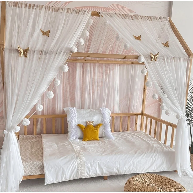 Baby Fancyroom Betthimmel Betthimmel Tüll Hausbett Kinderbett 2 Stück 340cm 380cm Montessori (3-tlg. Set mit 2x Betthimmel und einer 20er Pomponkette, Baldachin, Kinder Betthimmel Baldachin Himmel Deko Set), Betthimmel für Hausbett Montessori – Bild 3