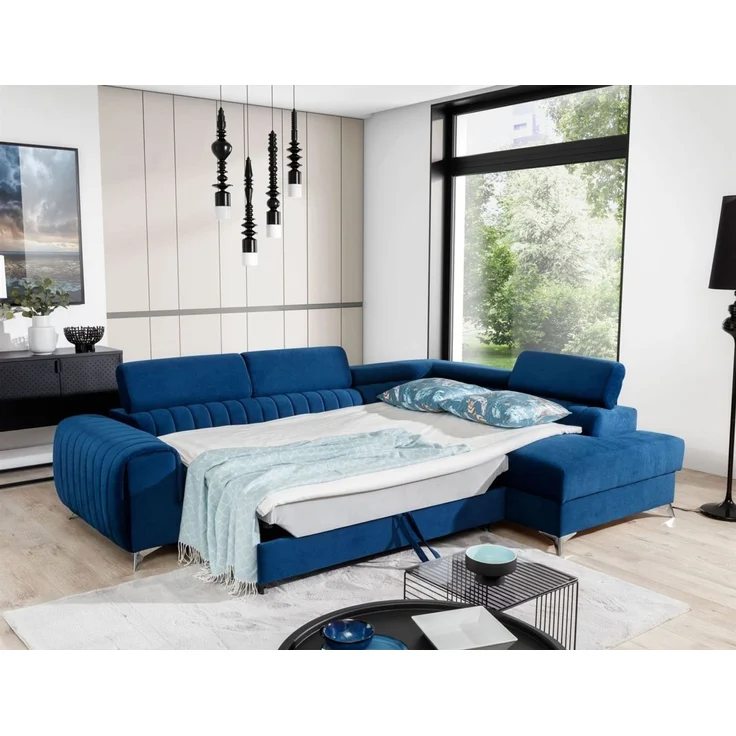 Ecksofa mit Schlaffunktion Sofa ELENI Stoff Kronos Blau Ottomane Rechts – Bild 2
