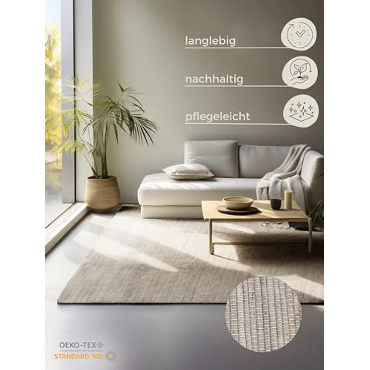 XXXL Juteteppich Handloom 1.0, Rechteckig, Greige, 80x150 cm, Oeko-Tex® Standard 100, Beidseitig verwendbar, Pflegeleicht, Strapazierfähig, Für Fußbodenheizung geeignet – Bild 3