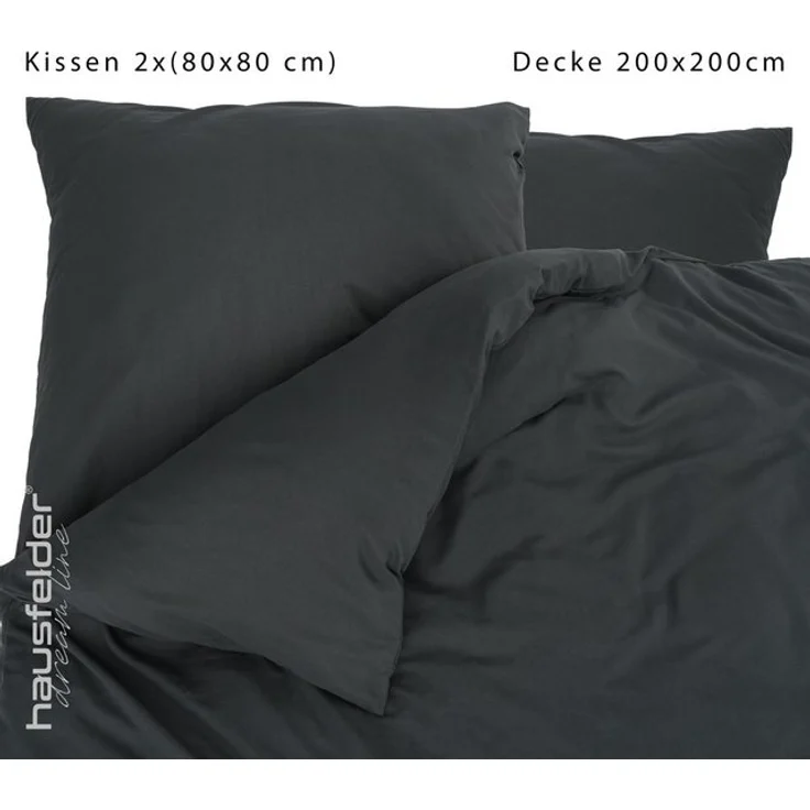 Hausfelder Bettwäsche Set (Bettbezug 200 x 200 + 2 x Kissen 80x80, anthrazit), 3 teilig, weich, pflegeleicht, mit Reißverschluss – Bild 4