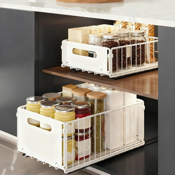 JEOBEST Küchenorganizer-Set Küchenregal Regal mit 2 Korb Auszügen, Schrank Organizer, (2-tlg), Hochwertiger Karbonstahl, Kein Bohren erforderlich – Bild 3