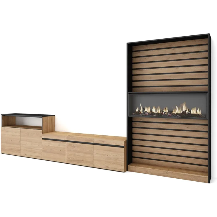 Skraut Home | Wohnwand Wohnzimmer | Wohnzimmermöbel, Möbelset | 360 x 186 x 35 cm | Für TV-Geräte bis zu 65" | Elektrokamin | Moderner Stil | Eiche Schwarz