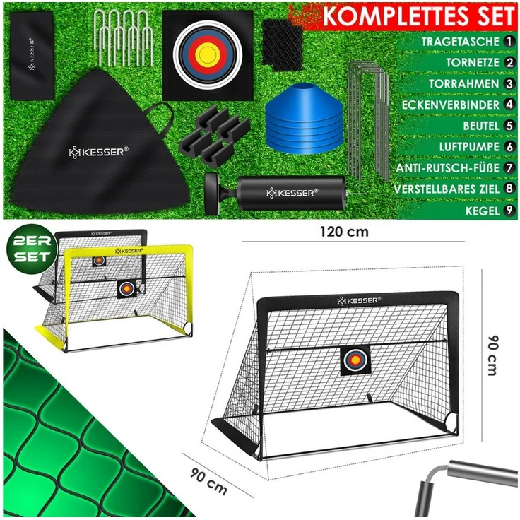 KESSER Pop-Up Fußballtor, 2er Set, mit Transporttasche, 6x Hütchen, Ballpumpe & Zielscheibe, Glasfaserstangen, 120x90 cm, Gelb / Schwarz – Bild 3