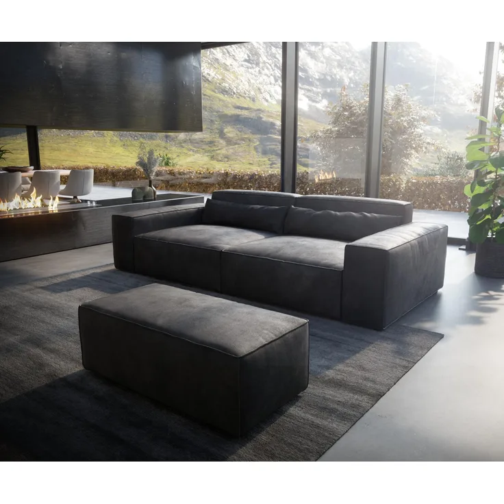 Big-Sofa Sirpio XL 270x130 cm Lederimitat Vintage Anthrazit mit Hocker
