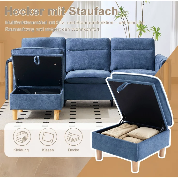 3-Sitzer Ecksofa 201x77x86 cm in Blau mit Stauraumhocker und Seitentaschen – Bild 6