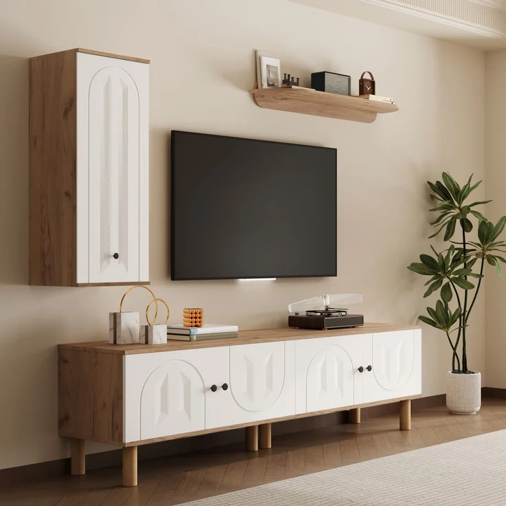 Wohnwand, 3-tlg, best, aus: Highboard, Schränke, Wandboard, Weiße und hölzerne, geschnitzte Türpaneele.--Weiß+Natur--110.01x45.09x17.68cm--YOUDENOVA – Bild 6