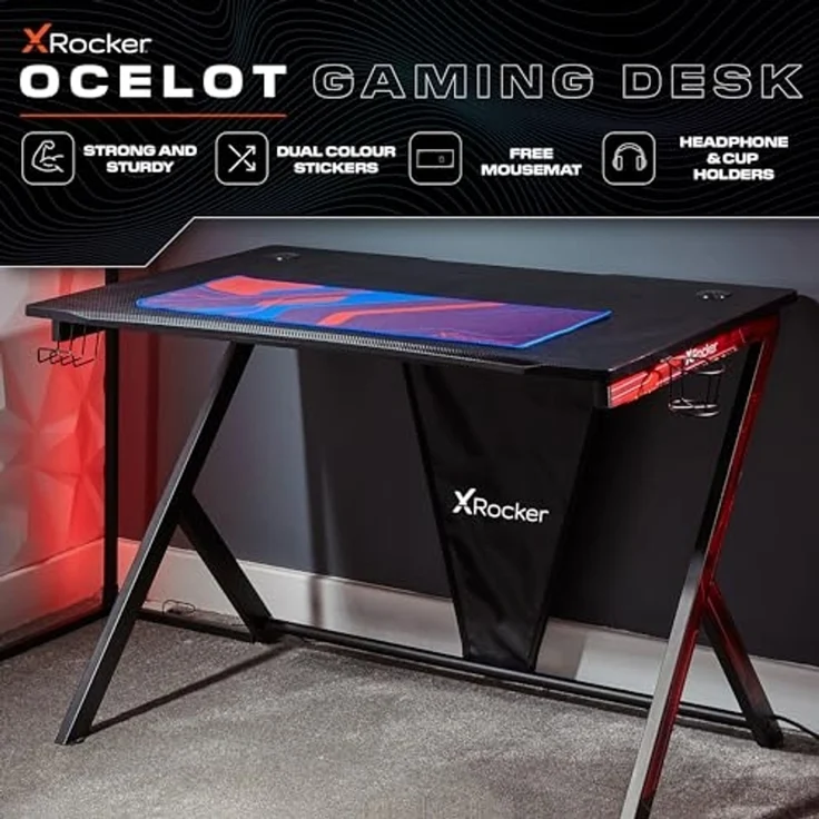 X Rocker Ocelot Carbon Gaming-Schreibtisch mit Mousepad & Kabelmanagement - blau/rot – Bild 3