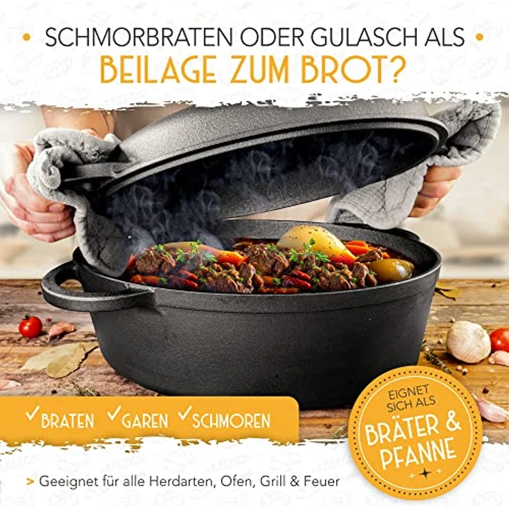 Krustenzauber Brotbackform 34cm Gusseisen Bräter mit Deckel backofengeeignet inkl. Gärkorb, (ovaler Gusseisen Topf Brot Backen - Ideal als Ofenform), Bräter Induktion, Brotbacktopf, Brot Backen Zubehör – Bild 7