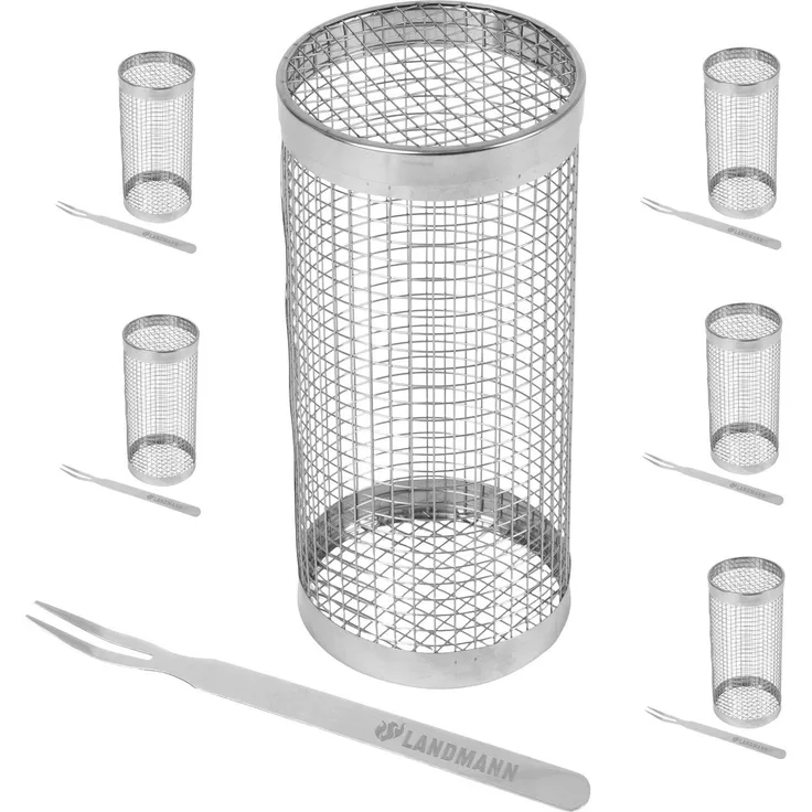 6x LANDMANN Grillkorb rund mit Gabel aus Edelstahl 20x9cm Grillzubehör Gemüsekorb Camping