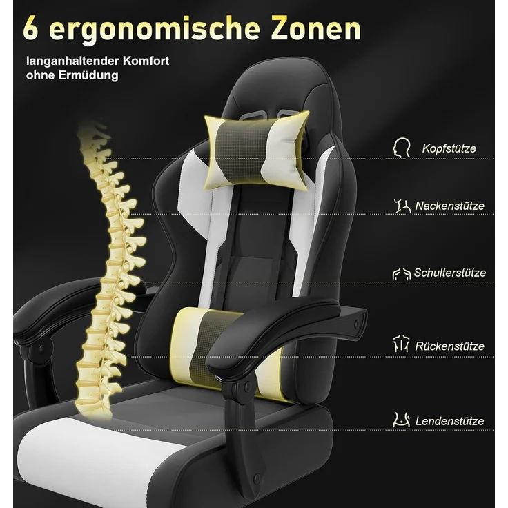 JUMMICO Gaming Stuhl mit Massagefunktion, Bürostuhl Ergonomisch 150kg, Gamer Stuhl mit 50 cm Extrabreites Sitzkissen, Weiß Schwarz – Bild 6