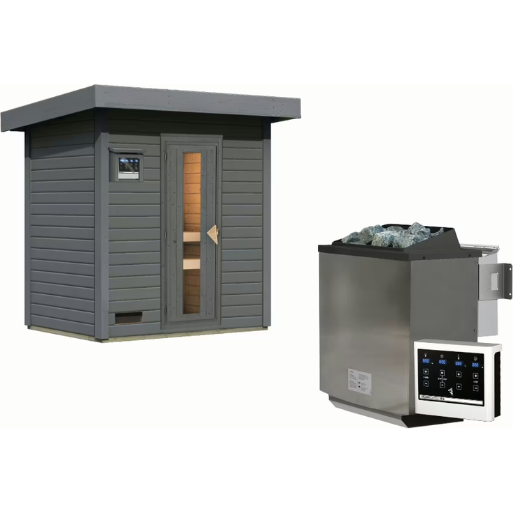 Karibu Sauna Hytti 1 terragrau mit 9 kW Bio-Ofen mit externer Steuerung – Bild 2