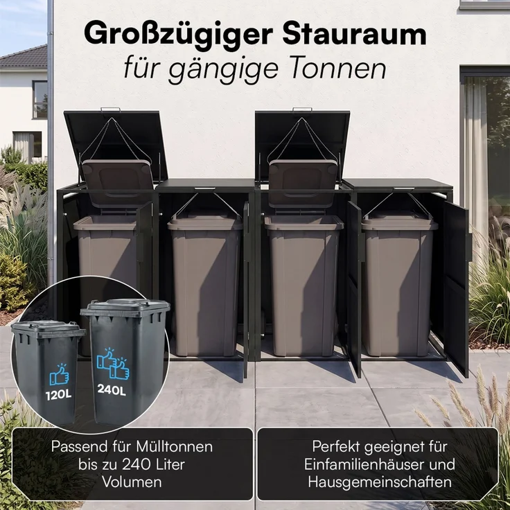 STEELSØN 'Thoria' Mülltonnenbox 4er je 240 Liter, graphitschwarz, Mülltonnenverkleidung aus Stahl, wetterfest, 116x80x268 cm, Müllbox für 4 Tonnen – Bild 2