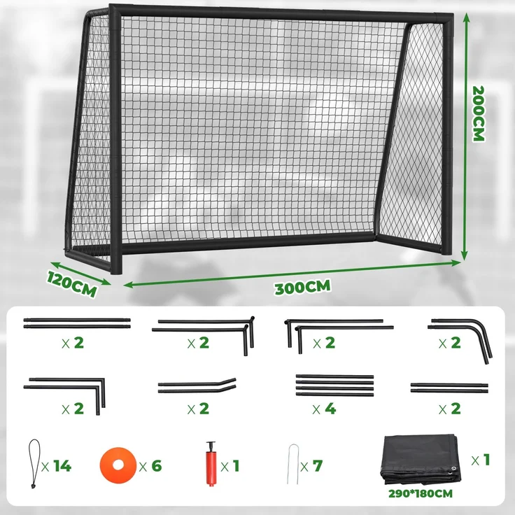 Eikuavons Fußballtor 300 x 200 x 120 cm – Großes Fußballtor aus Metall mit Torwand & Netz, für Garten, Training & Outdoor, Schwarz, Stahl, Schwarz – Bild 2