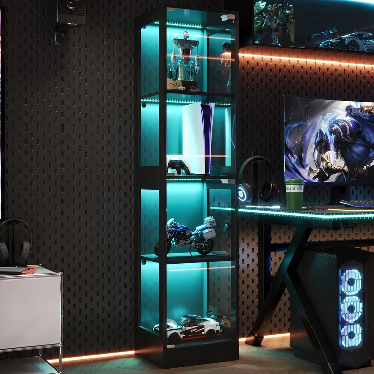 Merax 170 cm Einzeltür LED Vitrine, Gehärtetes Glas Sammlungsvitrine, App-gesteuertes LED-Licht, Vier Etagen Stauraum, Push-to-Open Tür, Schwarz – Bild 3