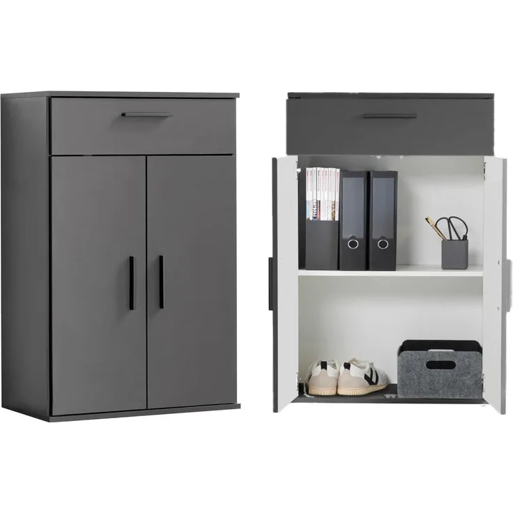 mokebo® Mehrzweckschrank 60cm Breite mit Schubladen & Einlegeböden 'Der Praktische' kurzer Schubladenschrank in Grau bzw. Schwarz Matt, kleiner Schrank & Midischrank anthrazit | 60 x 91 x 34 (B/H/T in cm)