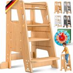 KIDIZ® Lernturm für Kinder ab 1 Jahr inkl. Lernuhr | 3-stufig Höhenverstellbarer Tritthocker aus Kiefernholz | spielerisch motorische Fähigkeiten fördern Montessori Learning Tower bis 50 kg belastbar Hellbraun