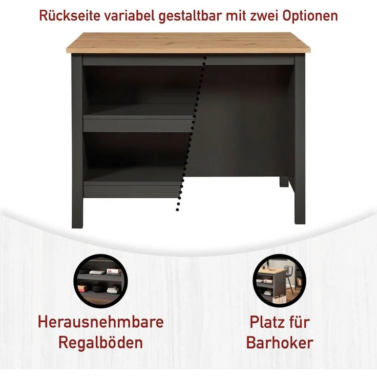 Inter Link Kücheninsel Piazza Nero, Schubladen, herausnehmbare Regalböden, Soft-Close, 124x75x91 cm – Bild 3