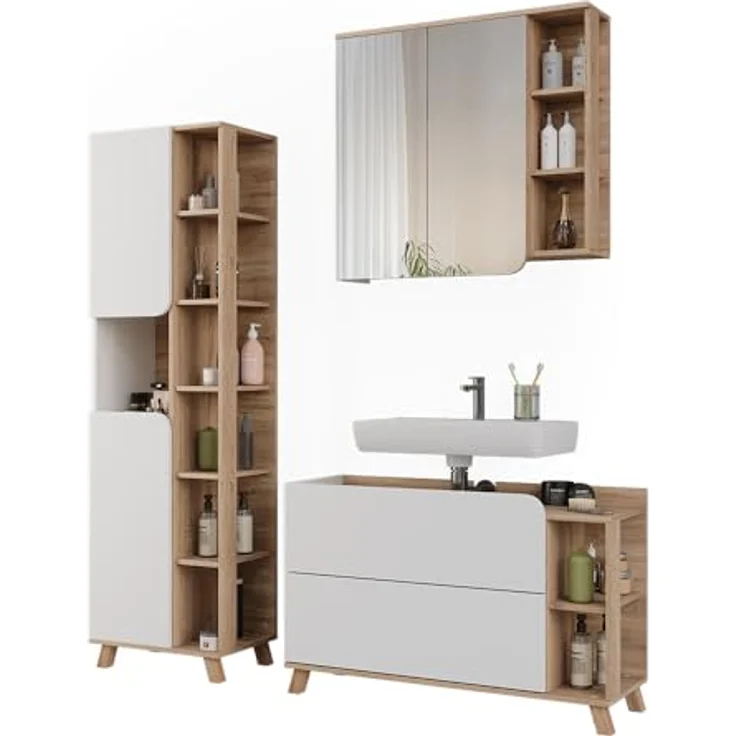 Vichy Badmöbelset Karen, 3-teiliges Set in Sonoma/Weiss, inkl. Waschbeckenunterschrank und Spiegelschrank, robust und elegant – Bild 6