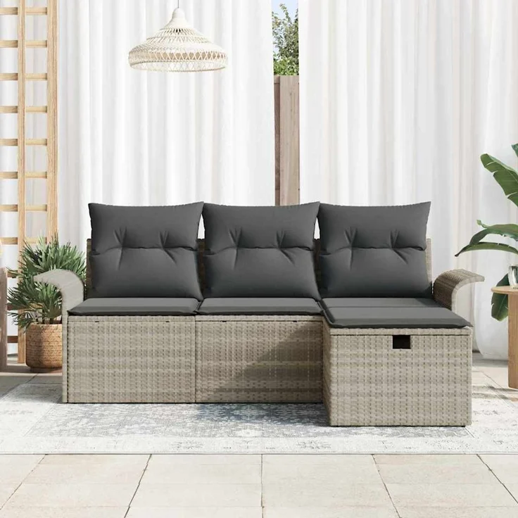 vidaXL Garten-Sofa-Set mit Kissen 4 pcs Hellgrau Poly Rattan 3358851 – Bild 3