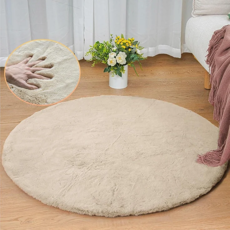 Teppich Kunstfell Bettvorleger Wohnzimmer 120 cm Rund Beige – Bild 3