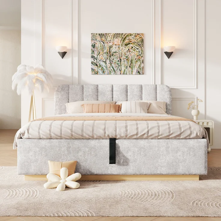 Polsterbett, Doppelbett, 140 x 200 cm, Bett mit Lattenrost, Kopfteil,Gepolstertes Kopfteil,Hydraulische Lagerung, Mit LED-Lichtleiste, Ohne Matratze, Hellgrau Chenille – Bild 3
