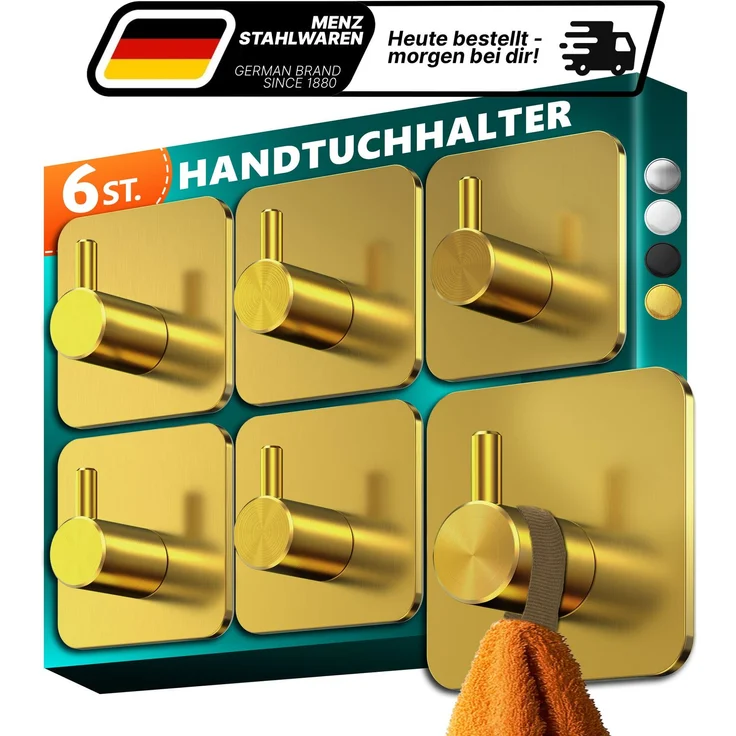 Lindenstein Selbstklebende Handtuchhaken 6er-Set Gold – Edelstahl 304, bis 10 kg – Bild 1