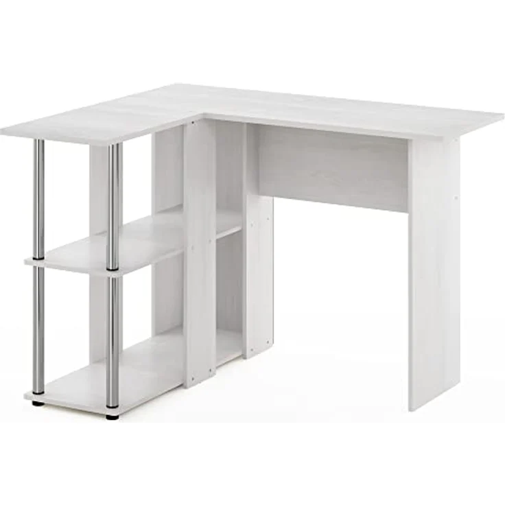 Furinno Abbott L-förmiger Schreibtisch mit Bücherregal, Weiße Eiche, Edelstahlrohre – Bild 6