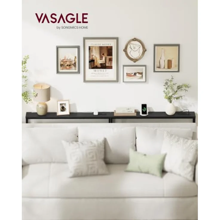 VASAGLE Konsolentisch mit Ladestation, schmaler Sofatisch, Flurtisch, 2 Tischplatten, einfache Montage, für Flur, Wohnzimmer, 100 x 15 x 80 cm, Schwarze Holzoptik-Mattschwarz LNT078BE03 – Bild 2