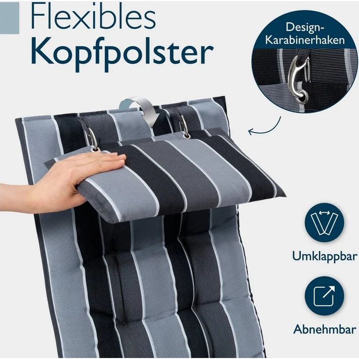 Beautissu Hochlehnerauflage Premium Hochlehner Auflage Kopfpolster Sun Sun-HL, 120x50cm, Anthrazit, Mit Kopfpolster, rutschfest & robust – Befestigungsbänder, UV 5 – Bild 4