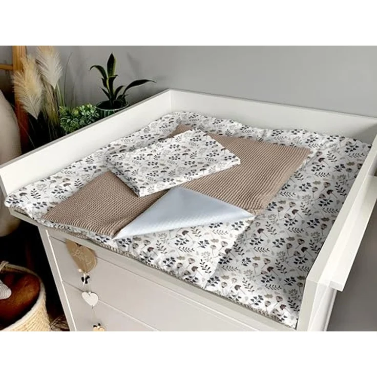 Wickelauflage Set 6-teilig – Wickelunterlage aus Baumwolle & Waffelstoff – Baby Wickelauflage – Geschenk zur Babyparty – Wickeltischauflage – 85x75 cm (Breite x Tiefe), Zweige und braun – Bild 6