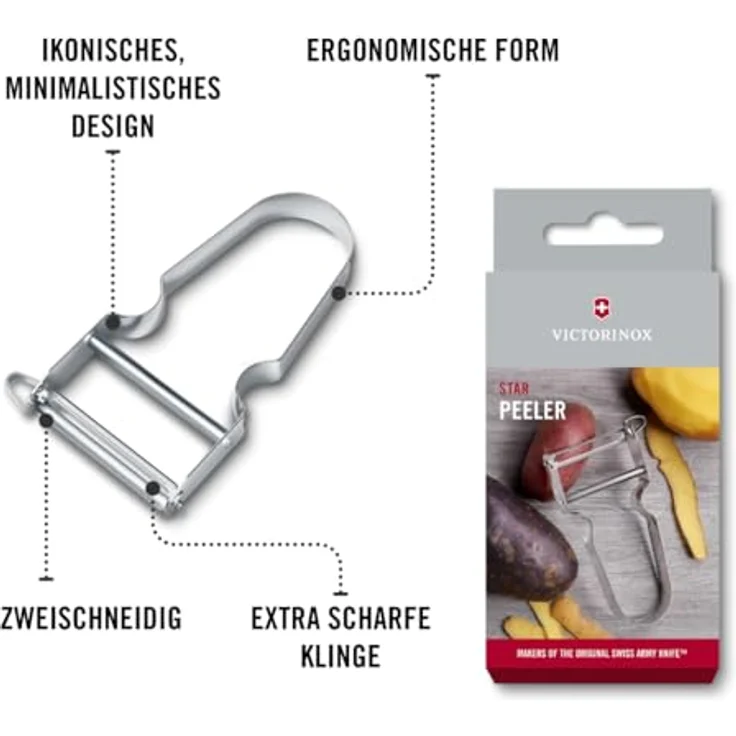 Victorinox STAR Sparschäler, Zweischneidig mit Pendelklinge, Extra Scharf, Metallgriff, Swiss Made – Bild 6