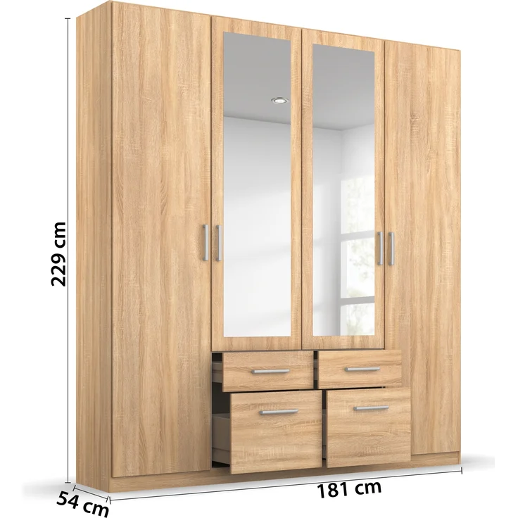 rauch Kleiderschrank, Drehtürenschrank BINGEN, 4-türig, 2 Spiegeltüren teilaufgelegt, 4 Schubkästen, Eiche Sonoma, 181 x 229 x 54 cm – Bild 4