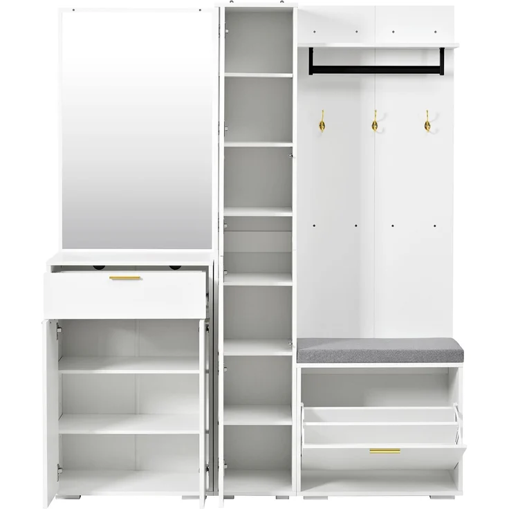 Garderobenset Wandgarderobe –Kompaktgarderobe Schmaler mit Spiegel-Anrichte, Kleiderstange, 3 Türen, Kippfach-Schuhregal, Sitzbank und Schublade, Flurschrank für Diele, Weiß,150x36x180(N657P38724789W)--Weiß--150x36x180cm--YOUDENOVA – Bild 10
