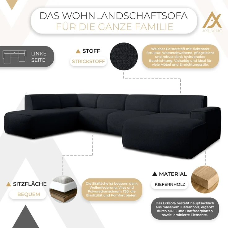 AX LIVING XXL Sofa U Form Didim Schwarz 378cm breit modern & großzügig L – Bild 5
