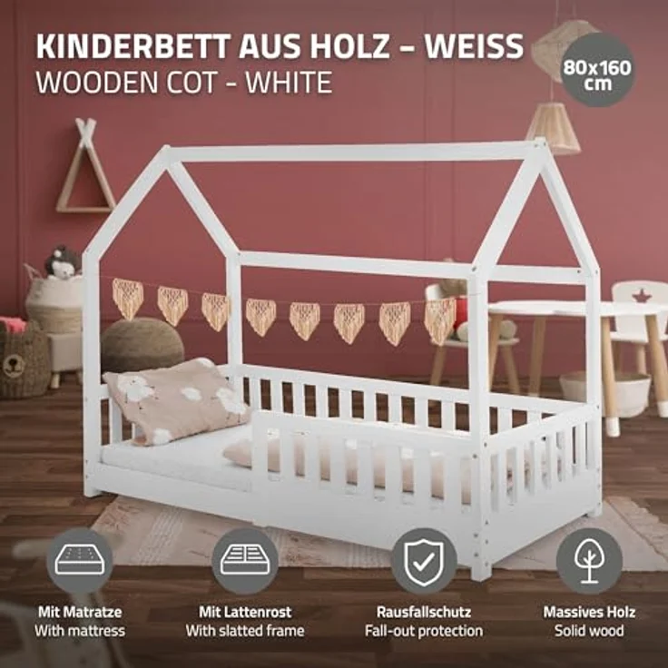 ML-DESIGN Kinderbett Hausbett Spielbett inkl. Lattenrost kreativ Bodenbett für Kinder, Abenteuerbett mit Rausfallschutz Spielbett Kiefer Weiß Himmelbett – Bild 4