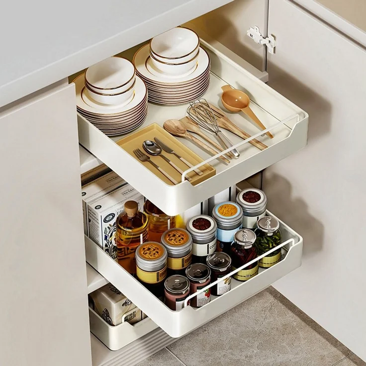 GarveeMore Küchenorganizer-Set Creperture-Teleskopauszug Ausziehbarer Schrank-Organisator Pantry Küch, Schubladenregal mit Dämpfungsführung Geräuschlos ausschiebbare Regale – Bild 2