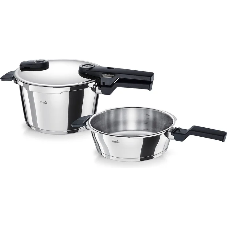 Fissler Schnellkochtopf Vitaquick®, Edelstahl 18/10 (Set, 3-tlg, 1 Schnellkochtopf 4,5 L, 1 Schnellbratpfanne 2,5 L, 1 Metalldeckel), Made in Germany – Bild 1