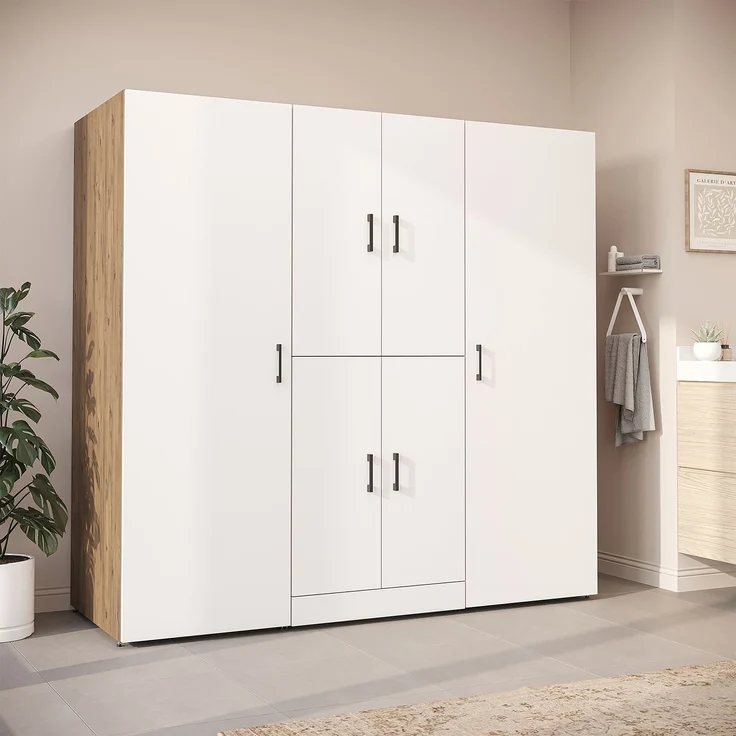 Roomart Waschmaschinenschrank - DORA-I- 190 cm breit - Wasch- & Trocknerschrank mit 2 Hochschränken, Türen & Ausziehbrett, Waschmaschinen-Überbau für Waschküche & Hauswirtschaftsraum • Weiß-Eiche – Bild 1