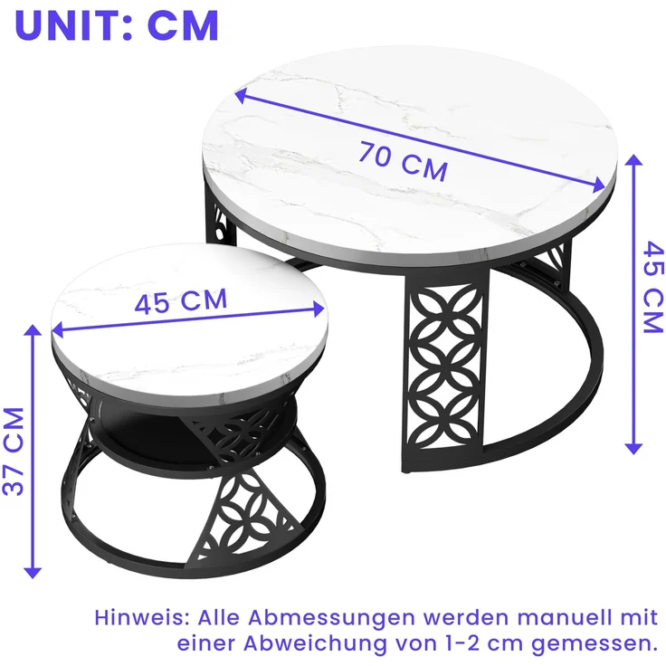 2er-Set Couchtisch nestbar 70x70x45 + 45x45x37 cm, Marmor-Furnier, Metallrahmen, Kontrastdesign – Bild 10