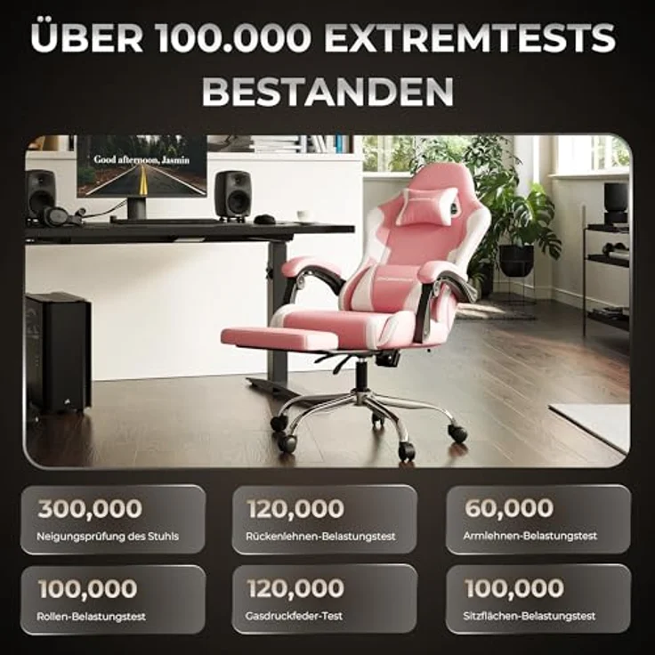 Dowinx Gaming Stuhl, Ergonomischer Gamer Stuhl für Büro und Home Office, Verstellbarer Bürostuhl mit Rückenlehne bis 150°, mit Fußstütze, Belastbar bis 180 kg, Rosa – Bild 4