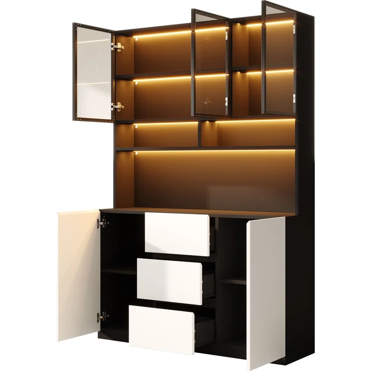 Flieks LED Vitrine 120 x 38 x 200 cm, Küchenbuffet, grauen Glastüren, offenen Fächern, 2 Türen und 3 Schubladen, Schwarz-Weiß – Bild 7