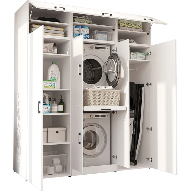 Roomart Waschmaschinenschrank - DORA-I- 190 cm breit - Wasch- & Trocknerschrank mit 2 Hochschränken, Türen & Ausziehbrett, Waschmaschinen-Überbau für Waschküche & Hauswirtschaftsraum • Weiß – Bild 8