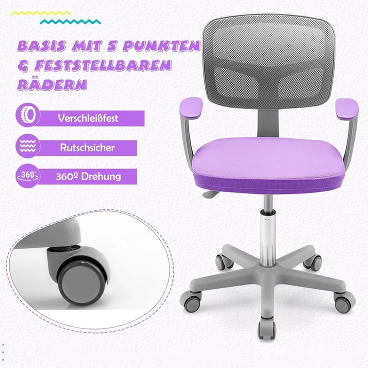 FANTASK 80-91,5 cm Kinder Schreibtischstuhl, Einstellbare Jungendstuhl mit Rückenlehne & Armlehnen, Drehbarer Kinderschreibtischstuhl, Violett – Bild 4