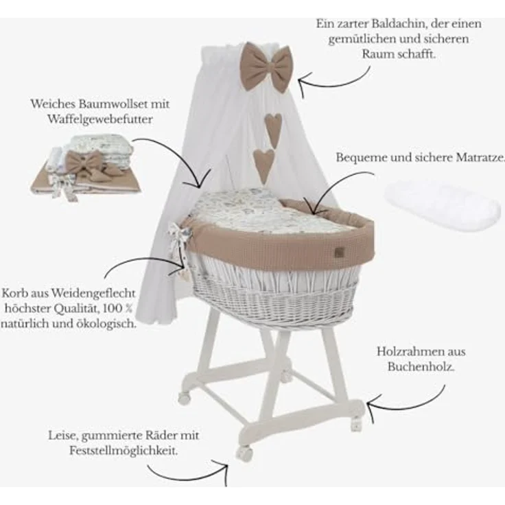 WIKLINOPOL Stubenwagen Lena aus Weide – Babywiege mit Rollen, Matratze, Baldachin & Bettwäsche aus Waffelstoff mit Kaninchen Beige, handgefertigt, weiß Moseskorb – Bild 4