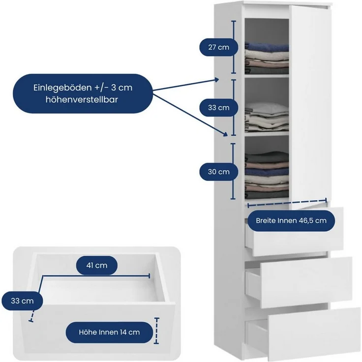 Home Collective Kleiderschrank Garderobenschrank Mehrzweckschrank Schrank platzsparend & vielseitig (50x40x180,5 cm (BxTxH), ideal für Schlafzimmer Flur & Arbeitszimmer) mit Befestigung oben, 1 Tür 3 Einlegeböden & 3 Schubladen in weiß – Bild 3